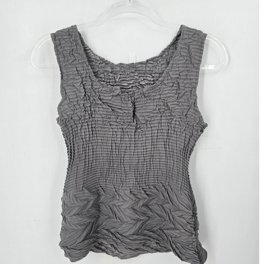 Babette Gray Sculptural Crinkle Pleated Sleeveless Stretch Top USA XS Lagenlook